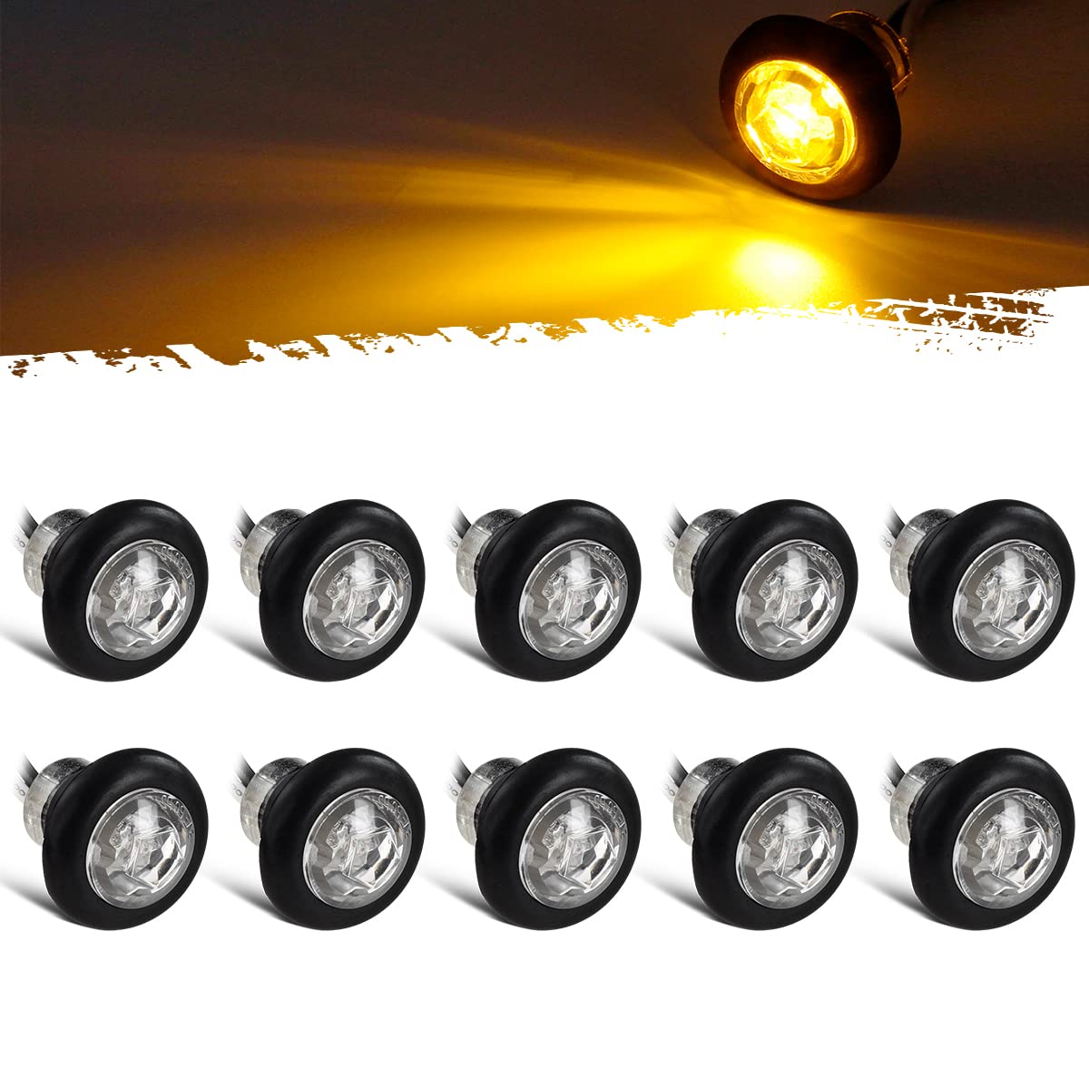 Partsam 10X Amber 3/4'' Round Bullet Trailer Amber Led Side Marker Clearance/Grill Lights Kit Grommets Clear Lens W/Plug Connect