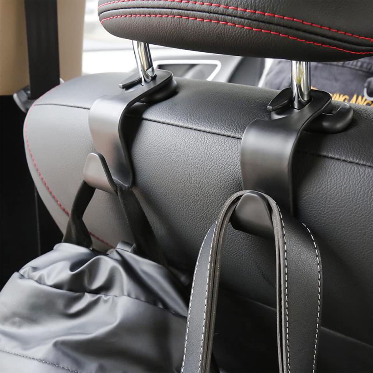 Hanemia Car Back Seat Headrest Hooks, 4 Pack Black - Stylish Hangers for Handbags, Clothes, Coats, Grocery Bags - Car Interior Accessories