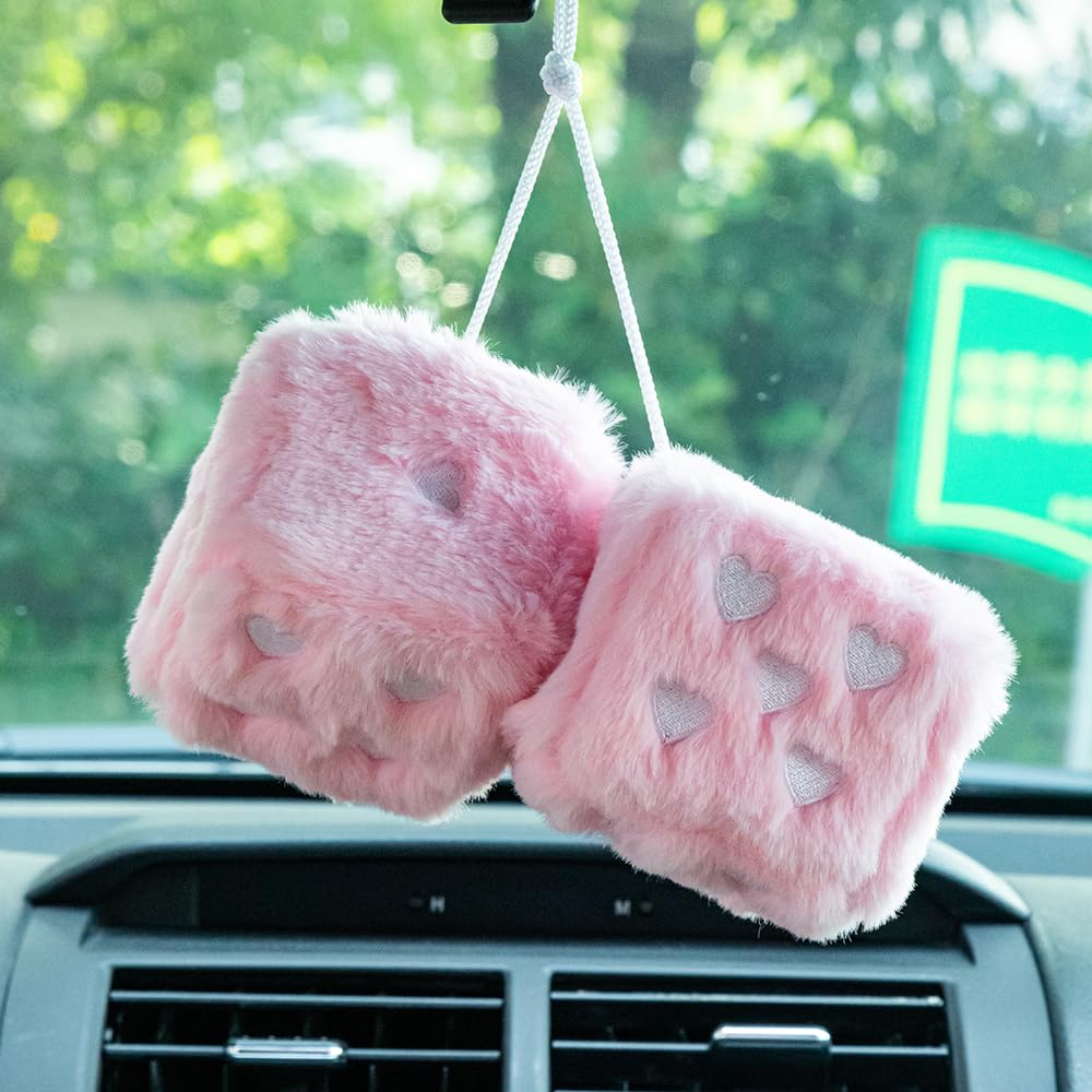 Heart Embroidered Baby Pink Fuzzy Plush Dice - 3-Inch Decorative Car Mirror Hanging Ornaments, Soft Foam, Easy Install, Great Gi