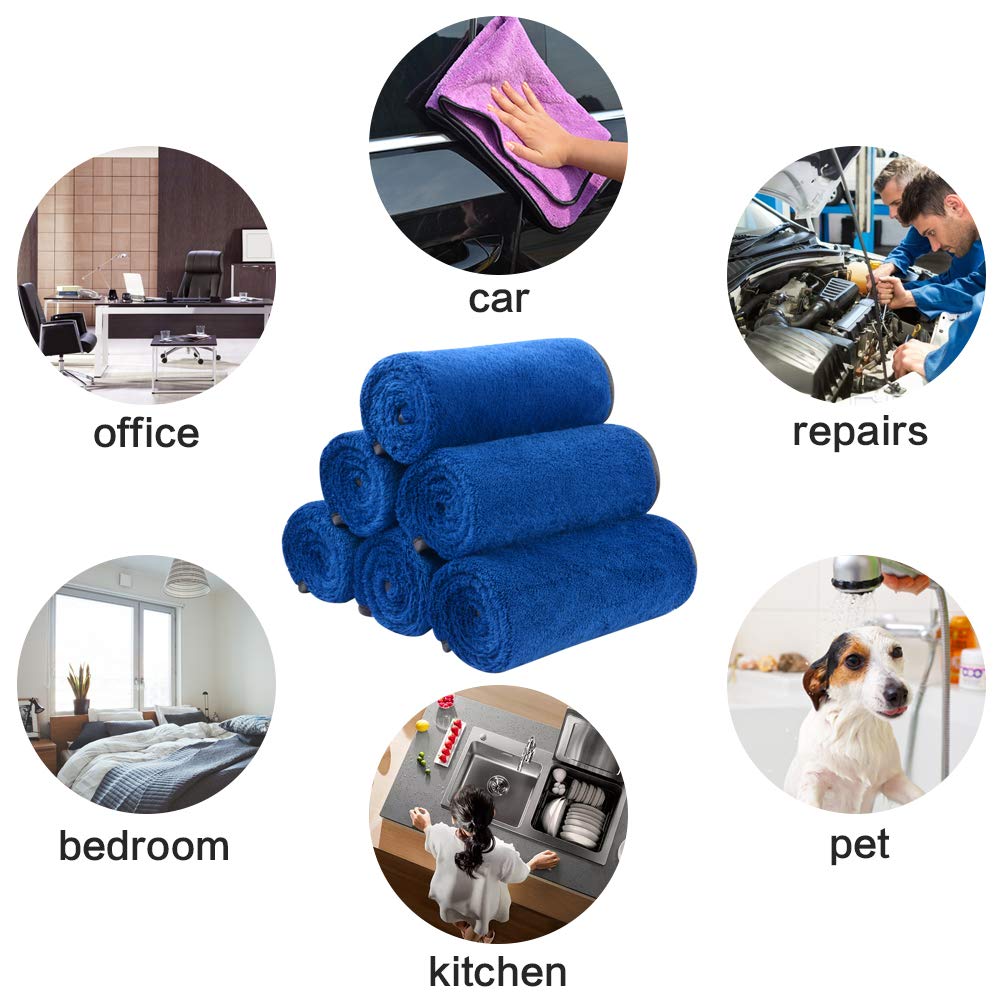Sinland Microfiber Car Drying Towels Ultra Absorbent Car Wash Cleaning Auto Detailing Towels 380Gsm 16Inch X 24Inch 6Pack Blue
