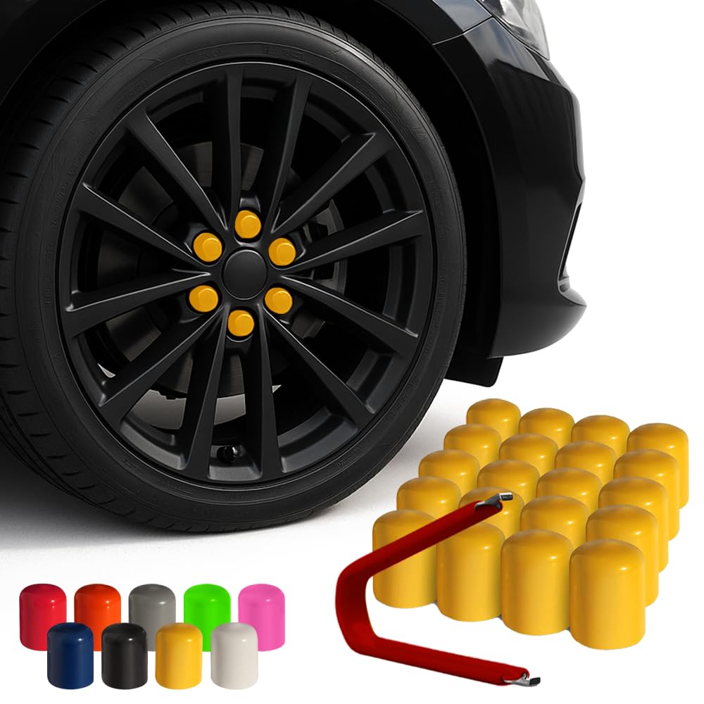 Colorlugs Vinyl Lug Nut Cover | Yellow | Flexible Fit Wheel Lug Nut Cap | Fits 17 Mm | Pack Of 25 | Includes Deluxe Extractor | Made In The Usa