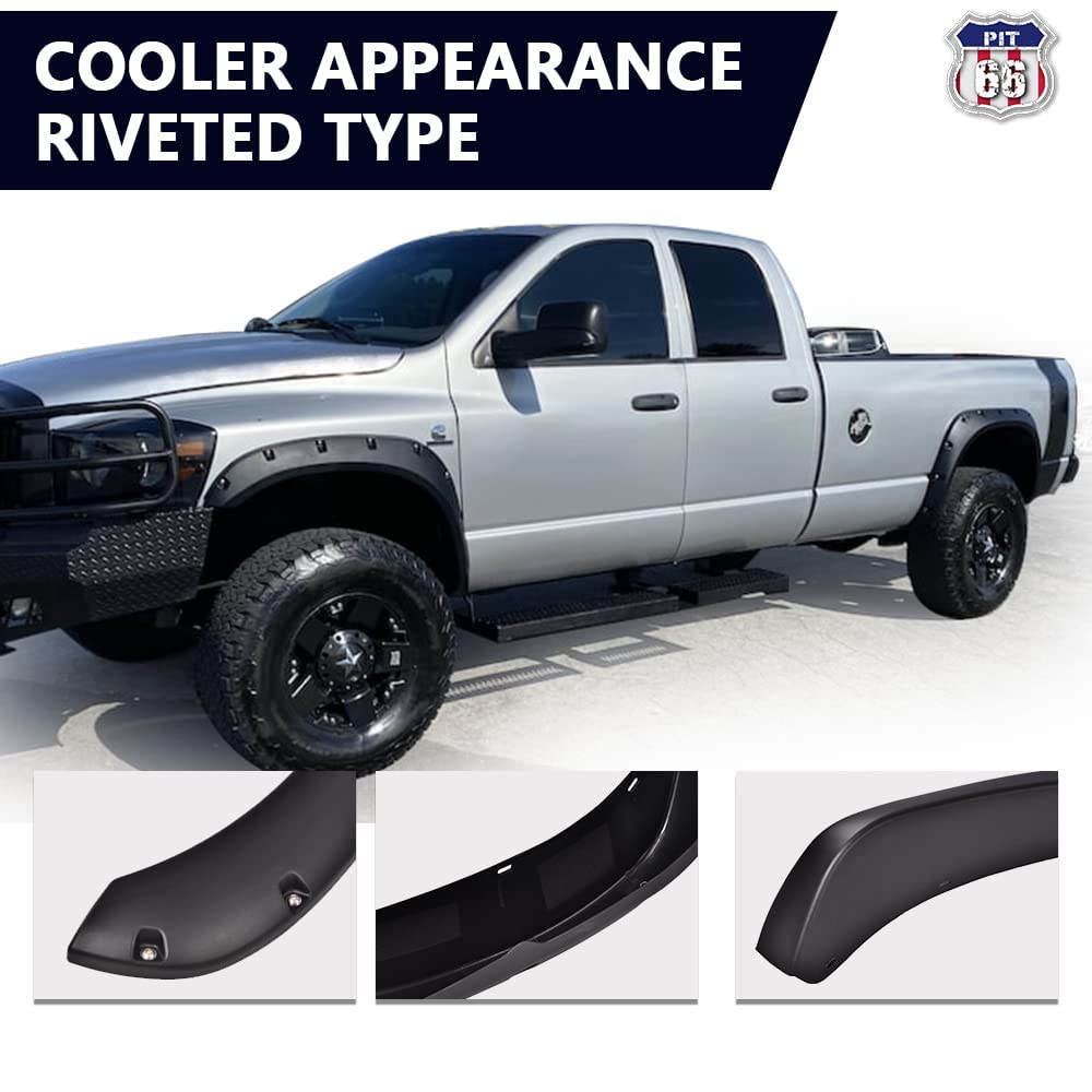 PIT66 Rugged Fender Flares for 2002-2008 Dodge Ram 1500/2500/3500, Textured Black Alloy Steel, Fits Fleetside Only
