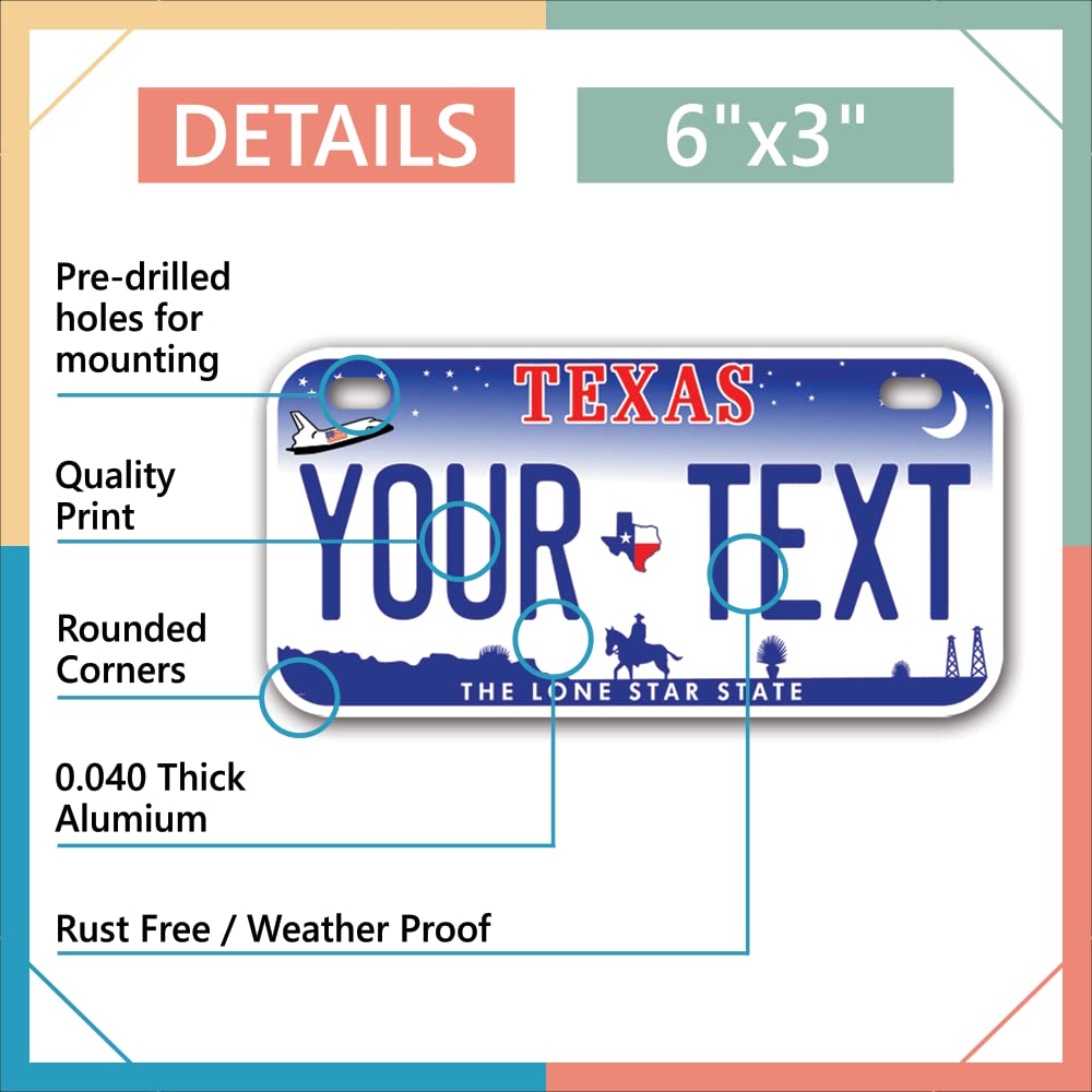 Inkmyplate Personalized Texas Small License Plate | Bike 6X3 Inch | Select From All 50 States | 3 Sizes | Custom License Plates For Kids Bicycles | Power Wheels | Usa Thick .040 Aluminum