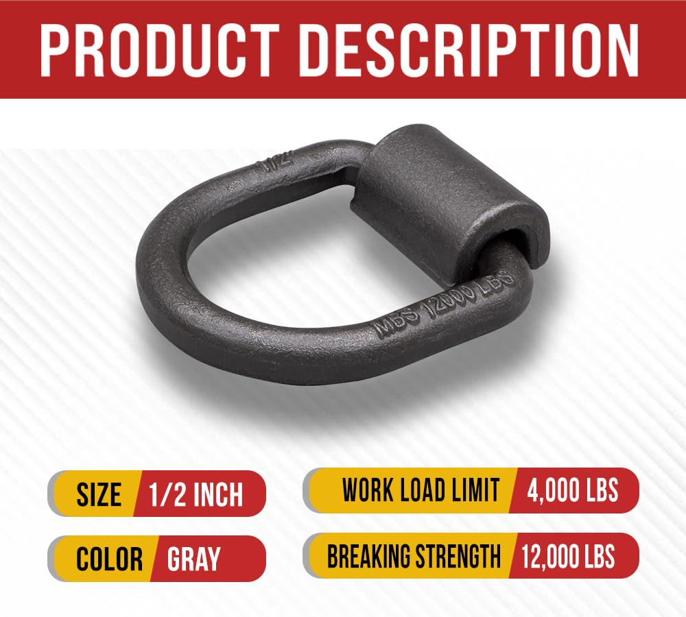 Mytee Products 4 Pack 1/2'' Heavy Duty Weld-On Forged D Ring 12,000 Lbs For Trailers, Trucks, And Cargo Tie Downs