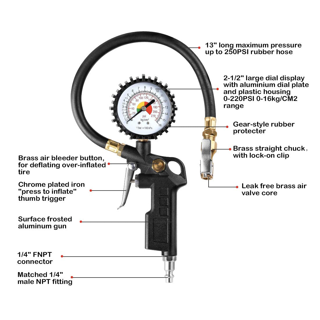 CZC AUTO Tire Inflator Deflator Air Pressure Gauge with Rubber Hose, 2-1/2'' Dial Wheel Inflator Gage with Straight Brass Lock-o