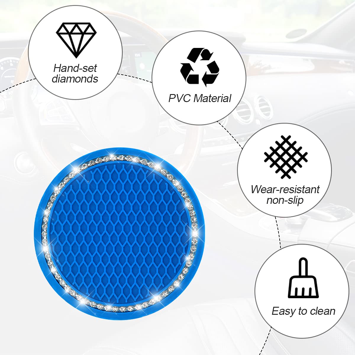2 Pack Car Bling Cup Holder Coaster, 2.75 Inch Crystal Rhinestone Car Cup Holder Insert Coaster,Universal For Cars, Vehicles, Suvs, Car Interior Accessories For Women And Men (Deep Blue)