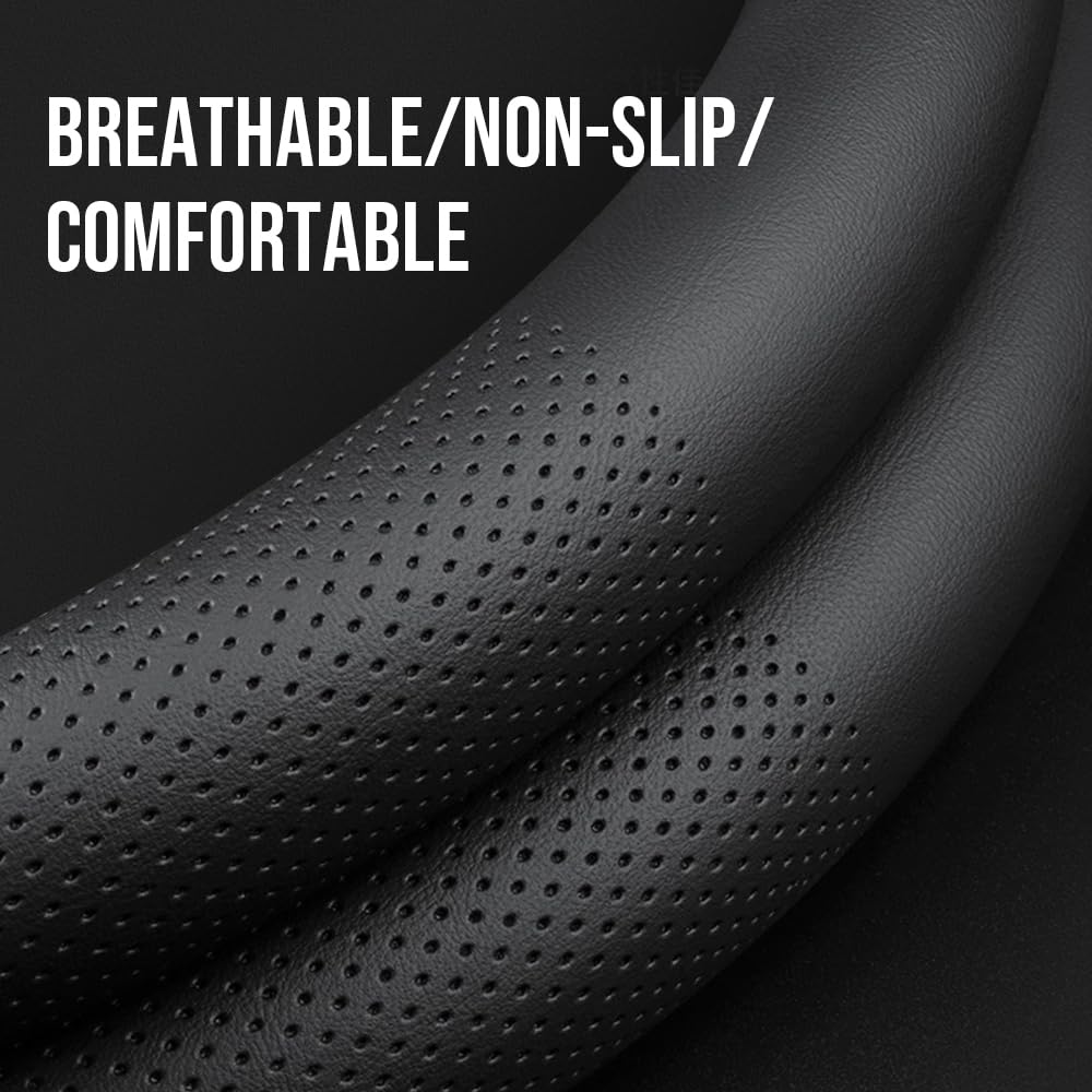 Carodi Leather Car Steering Wheel Cover, Ultra-Thin, Comfortable, Non-Slip, Breathable, Universal 15 Inches (Black)