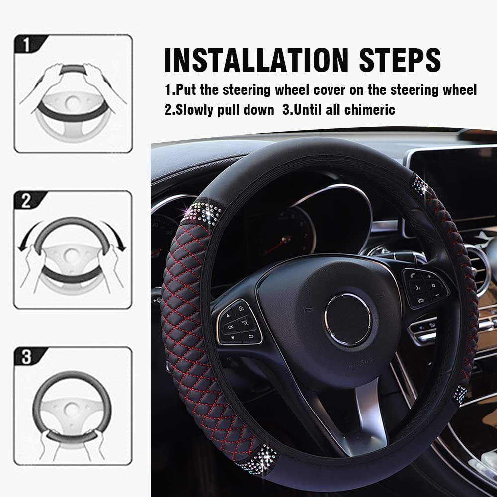 Diamond Leather Steering Wheel Cover,Bling Soft Leather Steering Wheel Cover For Women Girls,Universal 15 Inch Breathable Anti-S
