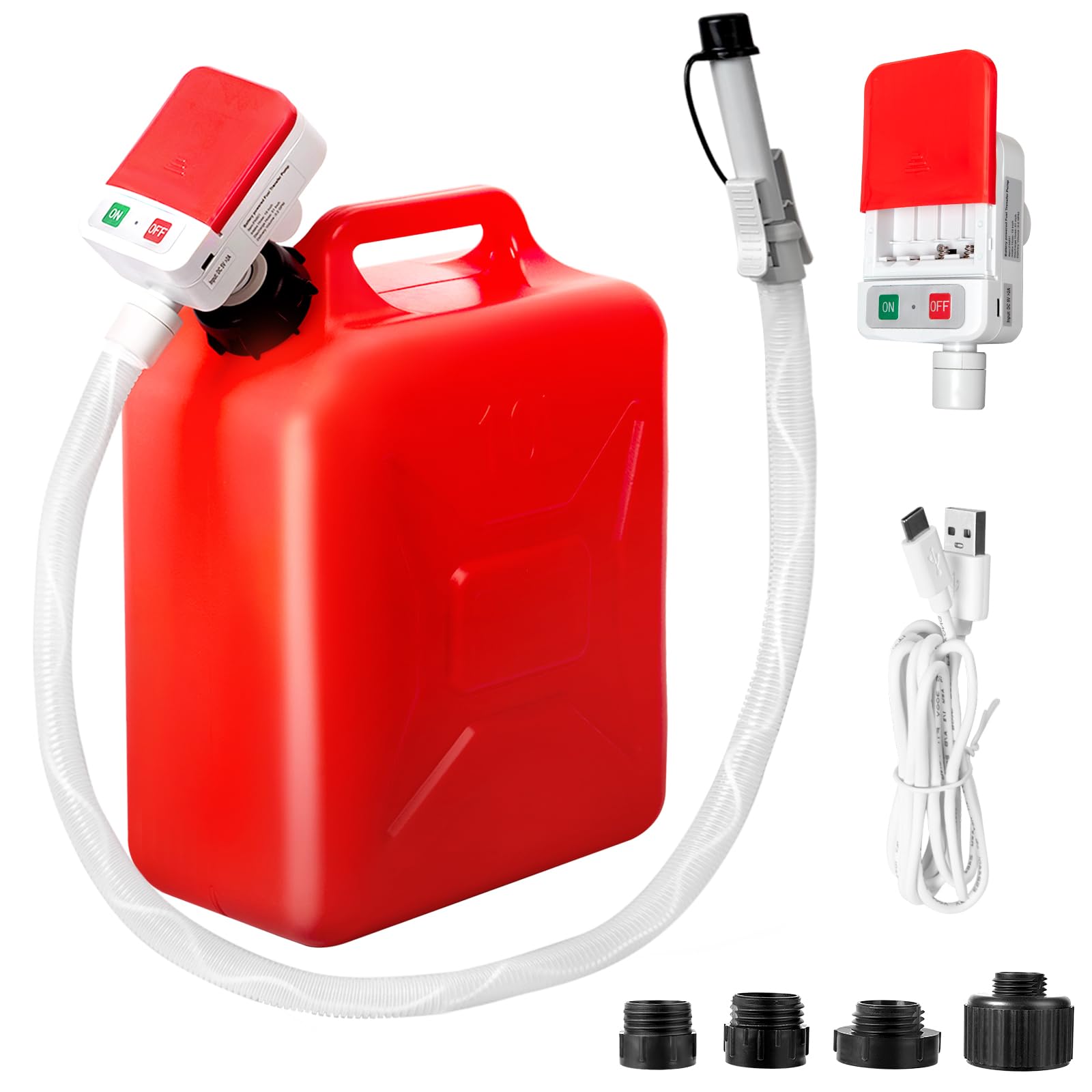 Automatic Fuel Transfer Pump with Auto-Stop, 51 Extra Long Hose, 3.2 Gallon per Min, Battery or USB Powered, 4 Can Adapters, F
