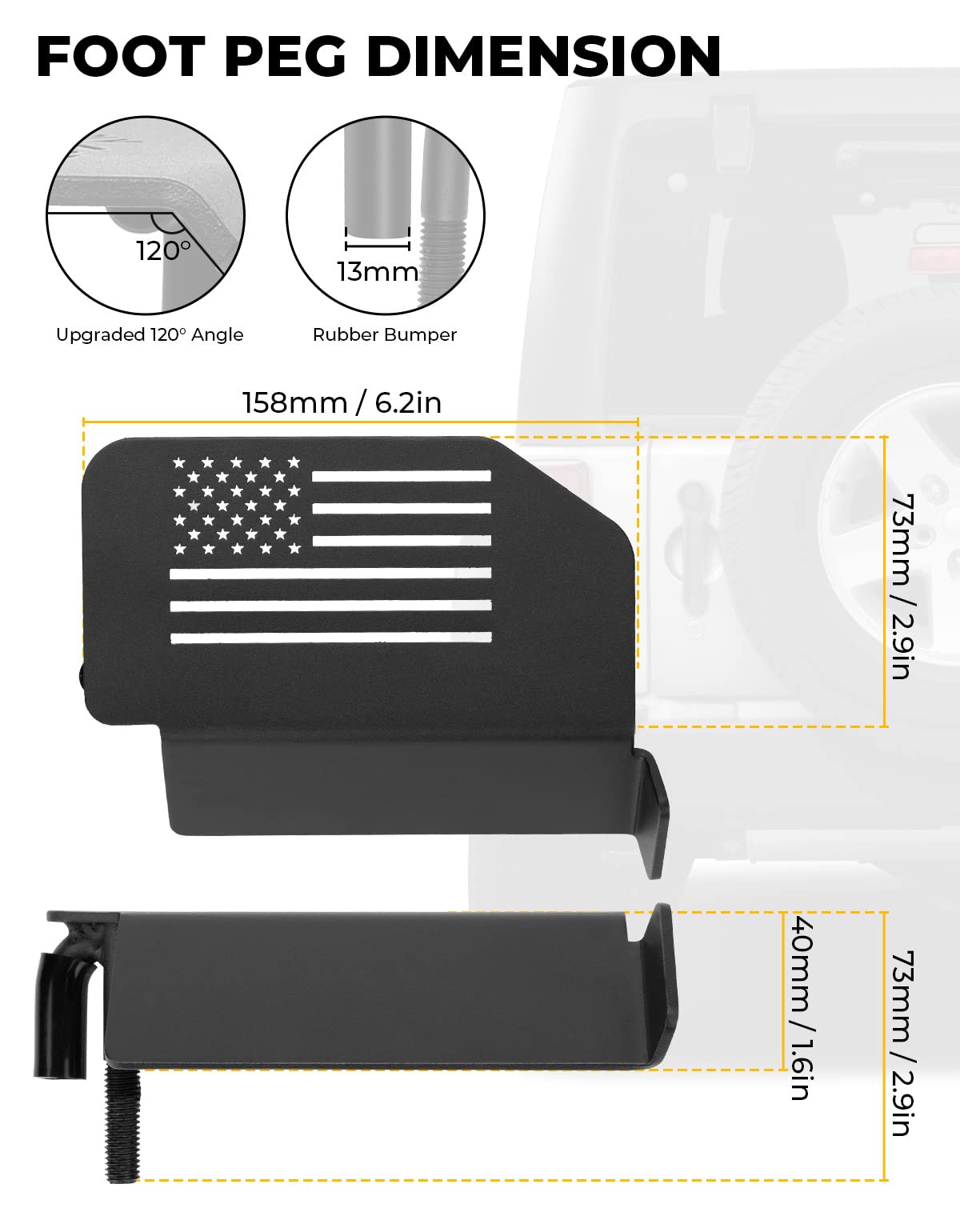 Qmparts Upgraded Wrangler Foot Pegs Compatible With Wrangler Jk Jl Gladiator Jt 2007 To 2024, 120Angle Exterior Door Hinge Rest