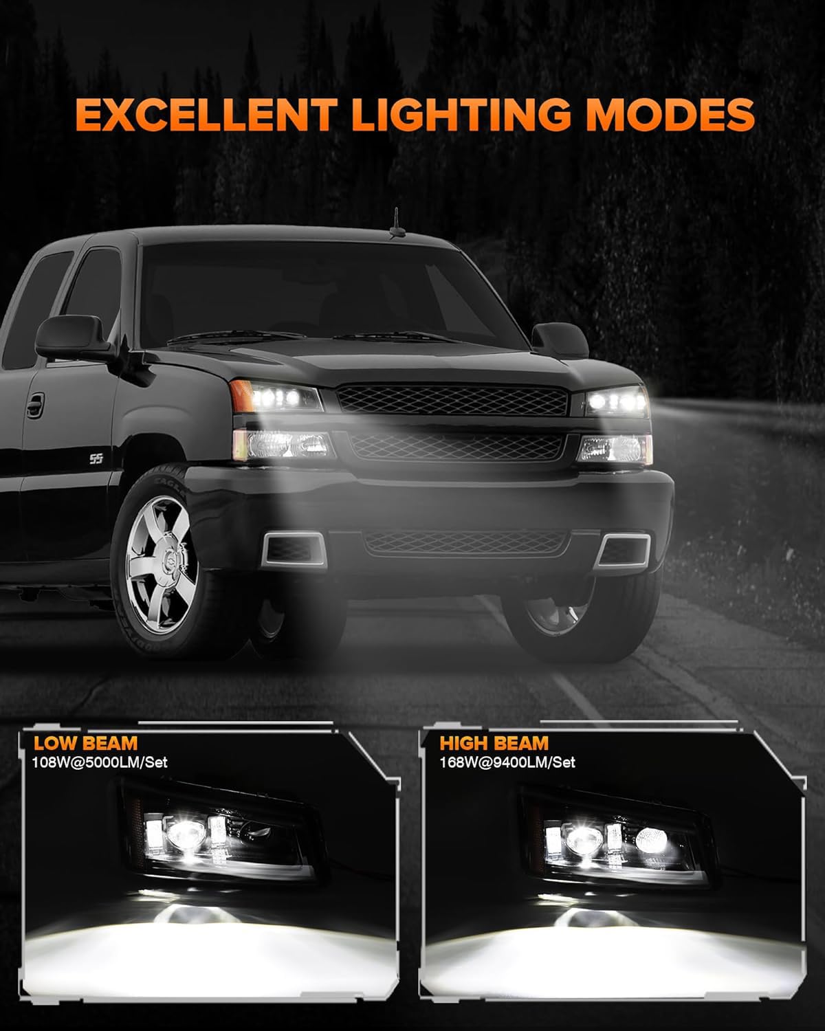 Z-OFFROAD LED Headlights Assembly, DOT Approved, Hi/Low, Compatible with 03-06 Chevy Silverado/Avalanche, 2pcs, Black, Model SJ-0306DP-