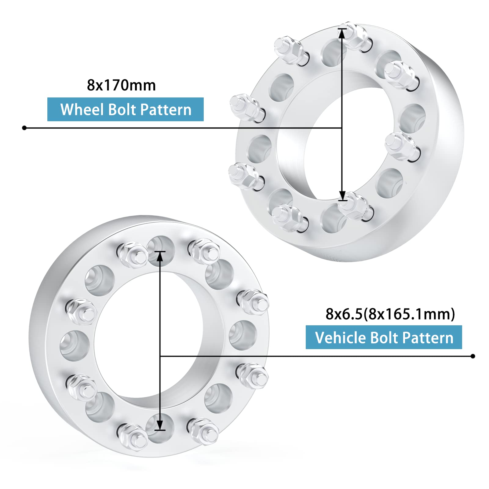HHCSOP 8x6.5 to 8x170 Wheel Spacers, 2" (50mm), Aluminum, Silver, Fits Ford F250/F350, Dodge Ram 250