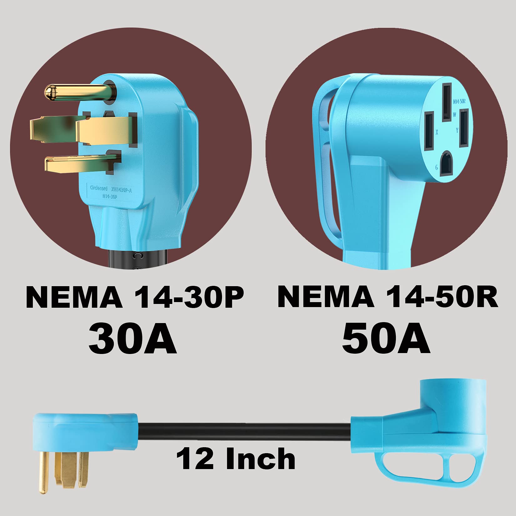 CircleCord EV Charger Adapter Cord, NEMA 14-30P to 14-50R, 30 Amp, Level 2 Charging, Blue, Model DAC4P50A
