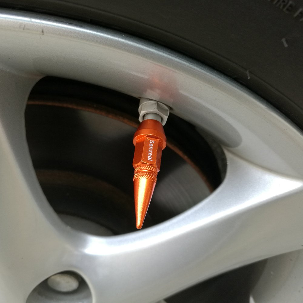 Senzeal 4X Long Impale Spike Style Polished Aluminum Valve Stem Caps Orange