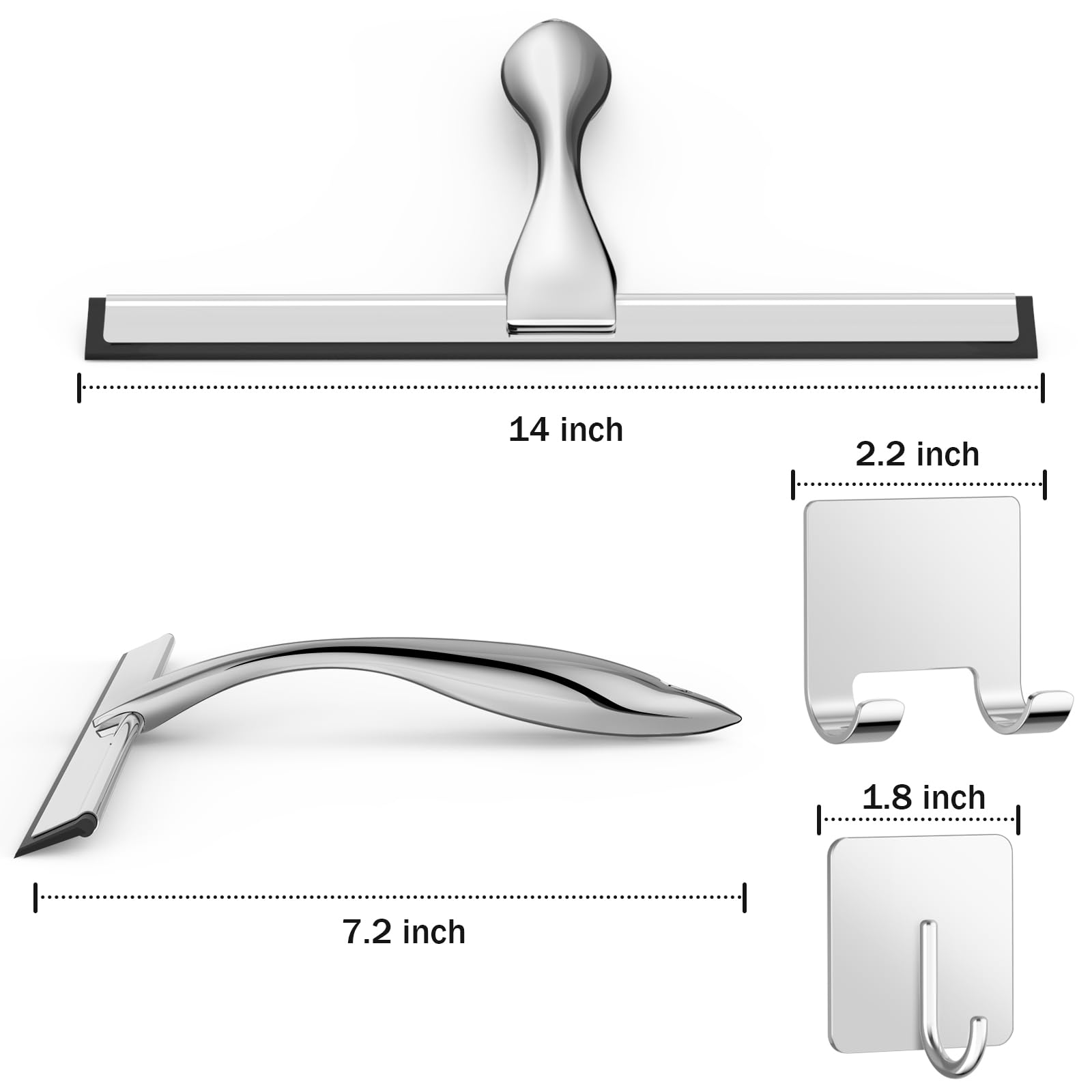 All-Purpose Stainless Steel Shower Squeegee For Shower Glass Door With 2 Adhesive Hooks, Bathroom Cleaner Tool Household Window