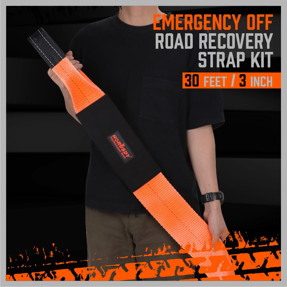 HORUSDY Heavy Duty Tow Strap Recovery Strap 3" x 30Ft, 32,000 LBS Capacity, Orange with 2 D Ring Shackles
