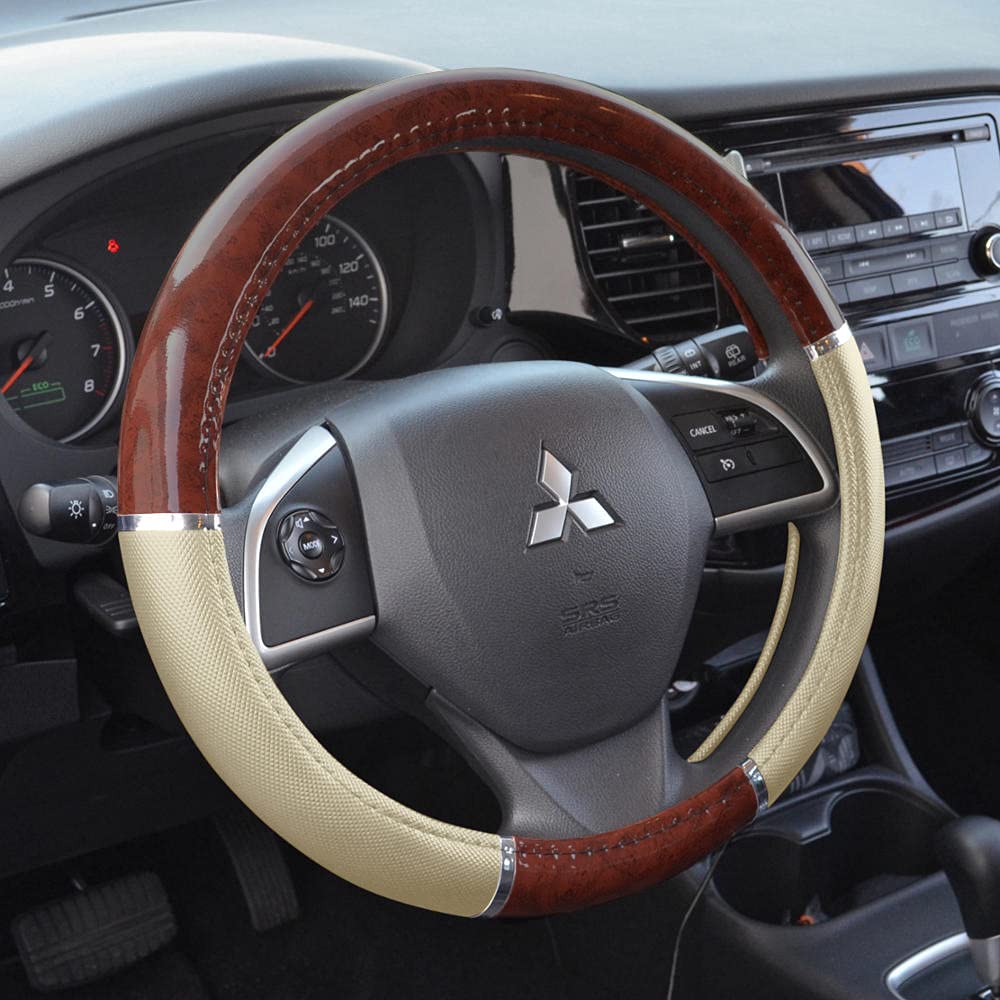 Bdk Dark Wood Grain Car Steering Wheel Cover, Standard 15 Inch With Beige Faux Leather Grip, Made To Fit Most Auto Truck Van Suv