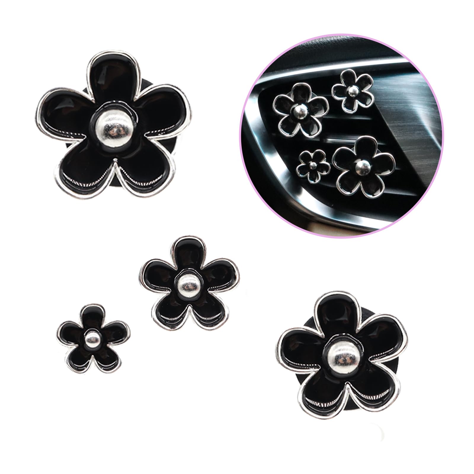Oriesse 4Pcs Cute Daisy Flowers Car Air Freshener Vent Clips,Girly Flowers Car Accessories For Women,4 Sizes Sparkle Black Silve