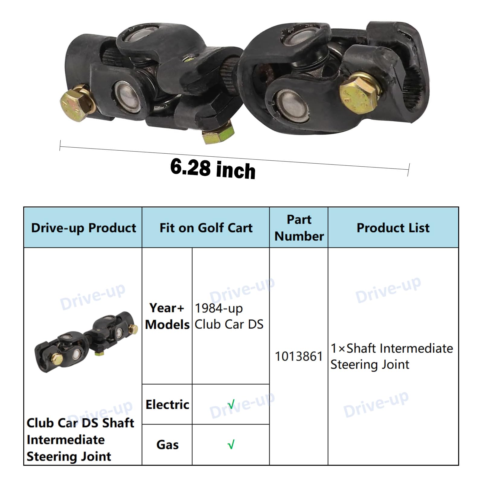 Drive-up Club Car DS Steering Joint - OEM 1013861, Black Intermediate Shaft for 1984-Up Golf Carts