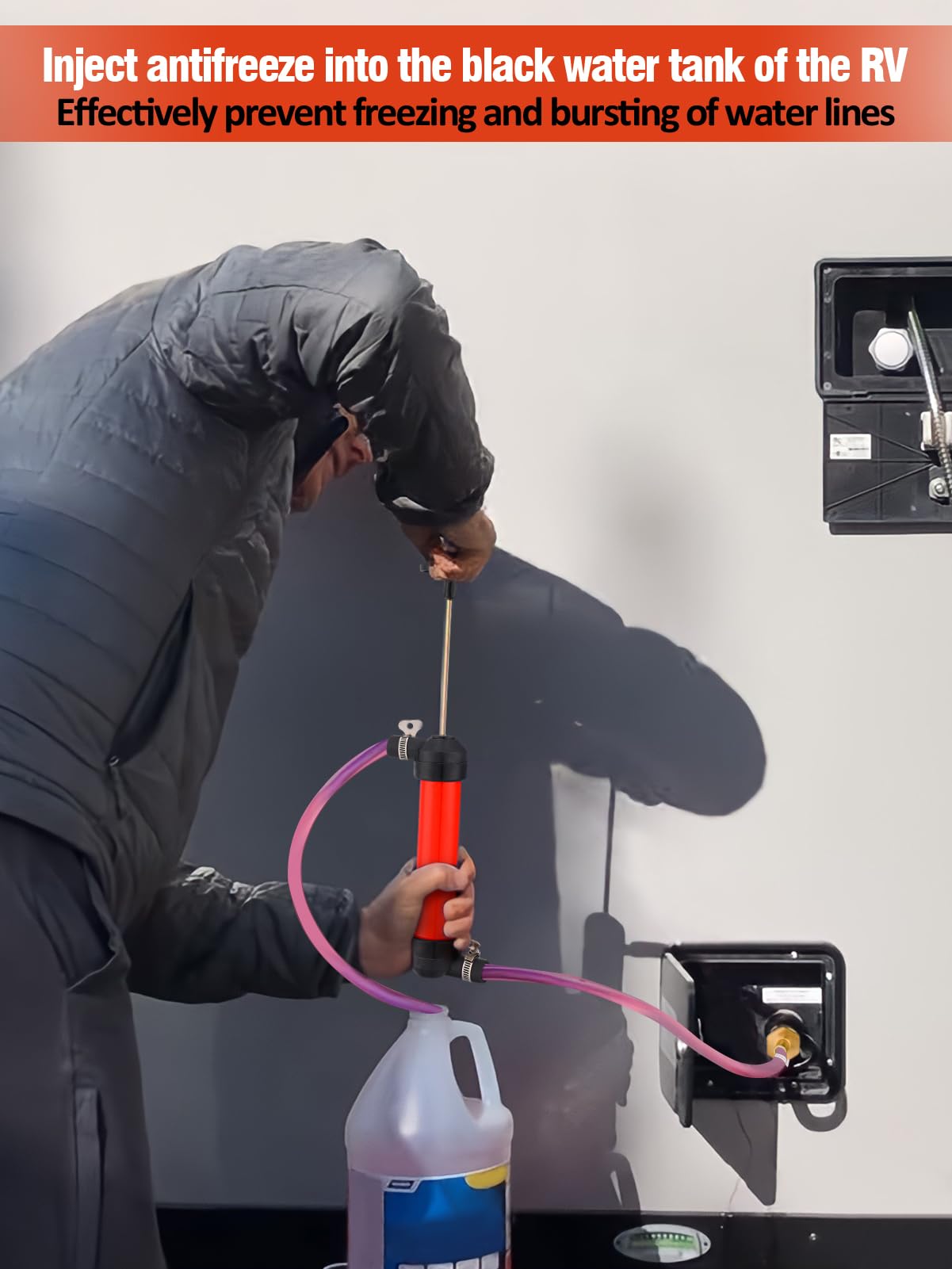 MADHOLLY Antifreeze Siphon Hand Pump Kit - Red Plastic Fuel Transfer Pump for Gas, Oil & Liquids - RV Winterizing Kit, Includes 3 Leak-proof Clamps