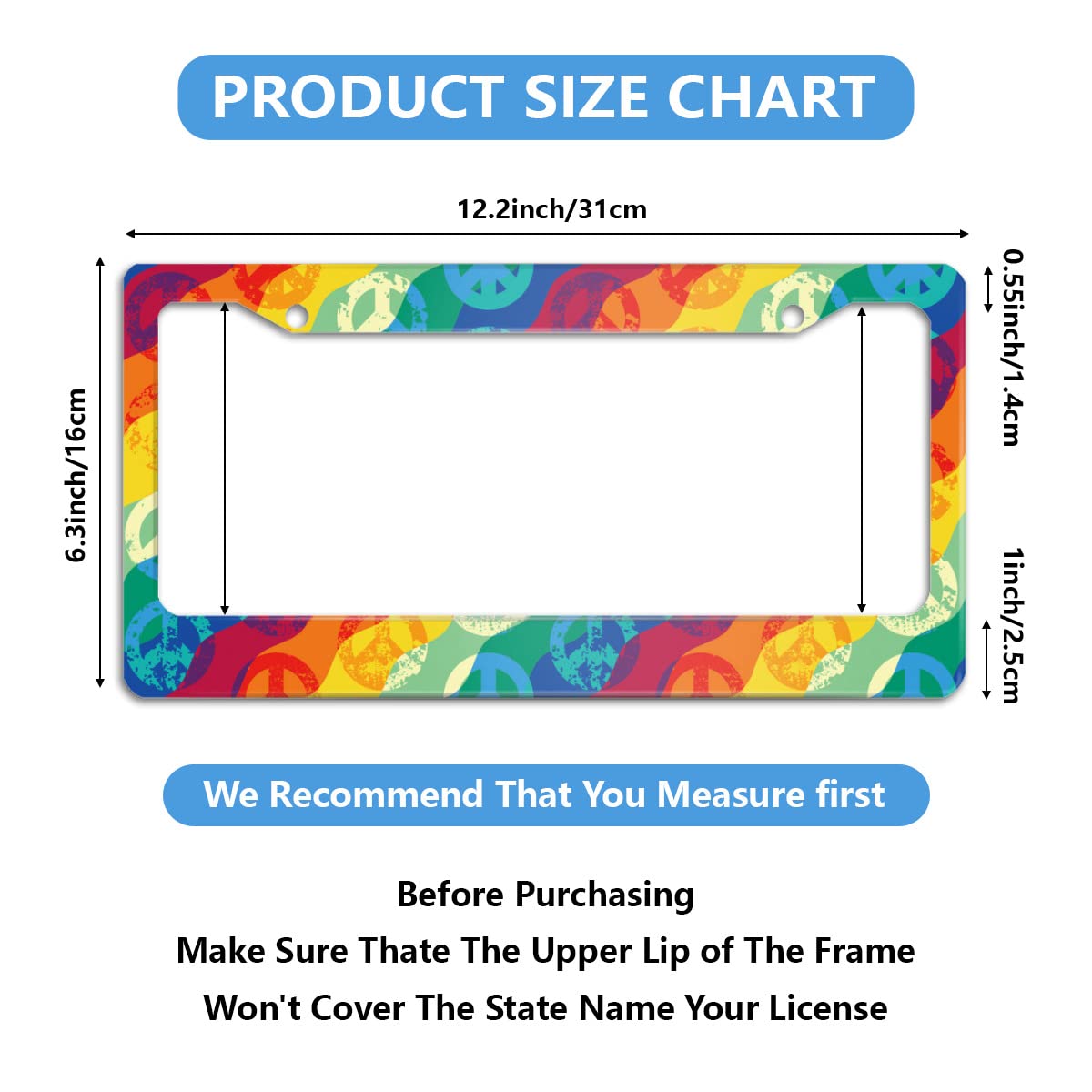 Meikosks Rainbow Peace and Love License Plate Frame,Metal Aluminum Car Cover Tag Holder Frames,2 Holes with Screw Caps for Men W