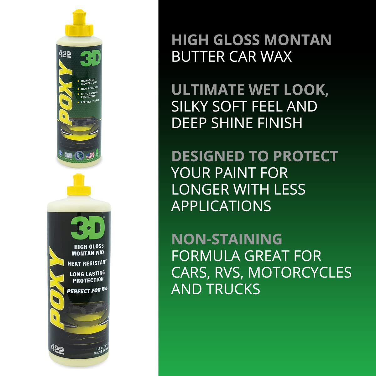 3D Poxy Montan Butter Car Wax - 16Oz - High Gloss, Non-Staining Car Wax Sealant With Long Lasting Protection - For Cars, Rvs, An