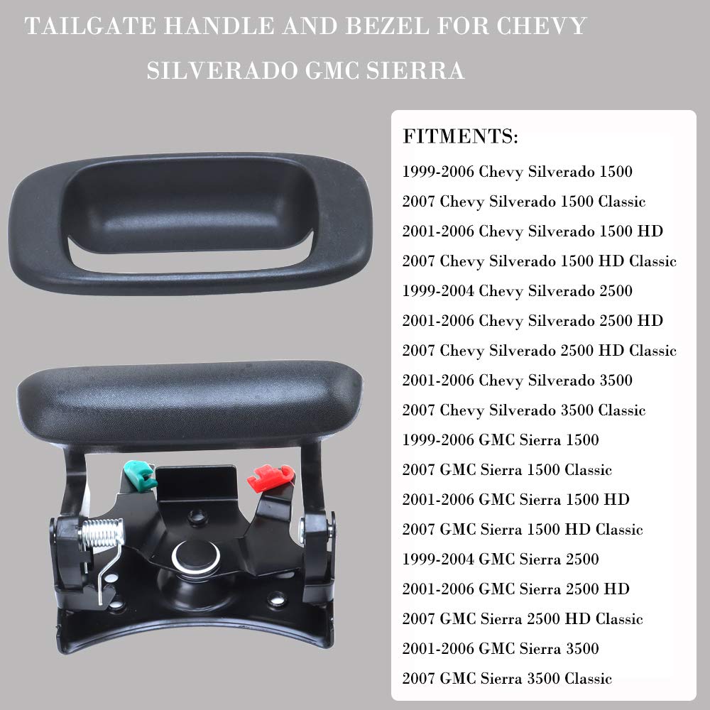 Tailgate Handle Latch And Bezel Trim With Rod Clips For 1999-2007 Chevy Silverado Gmc Sierra 1500 2500 3500 | Replaces# 15997911