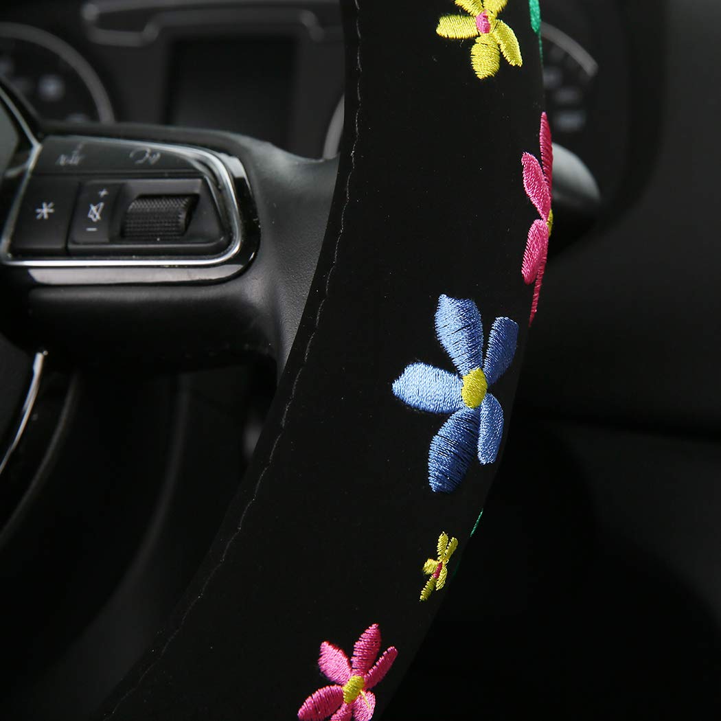 Embroidery Cute Steering Wheel Cover-Deluxe Floral Car Decor,Anti-Slip,Sweat Absorption,Universal 15 Inch (Floral1)