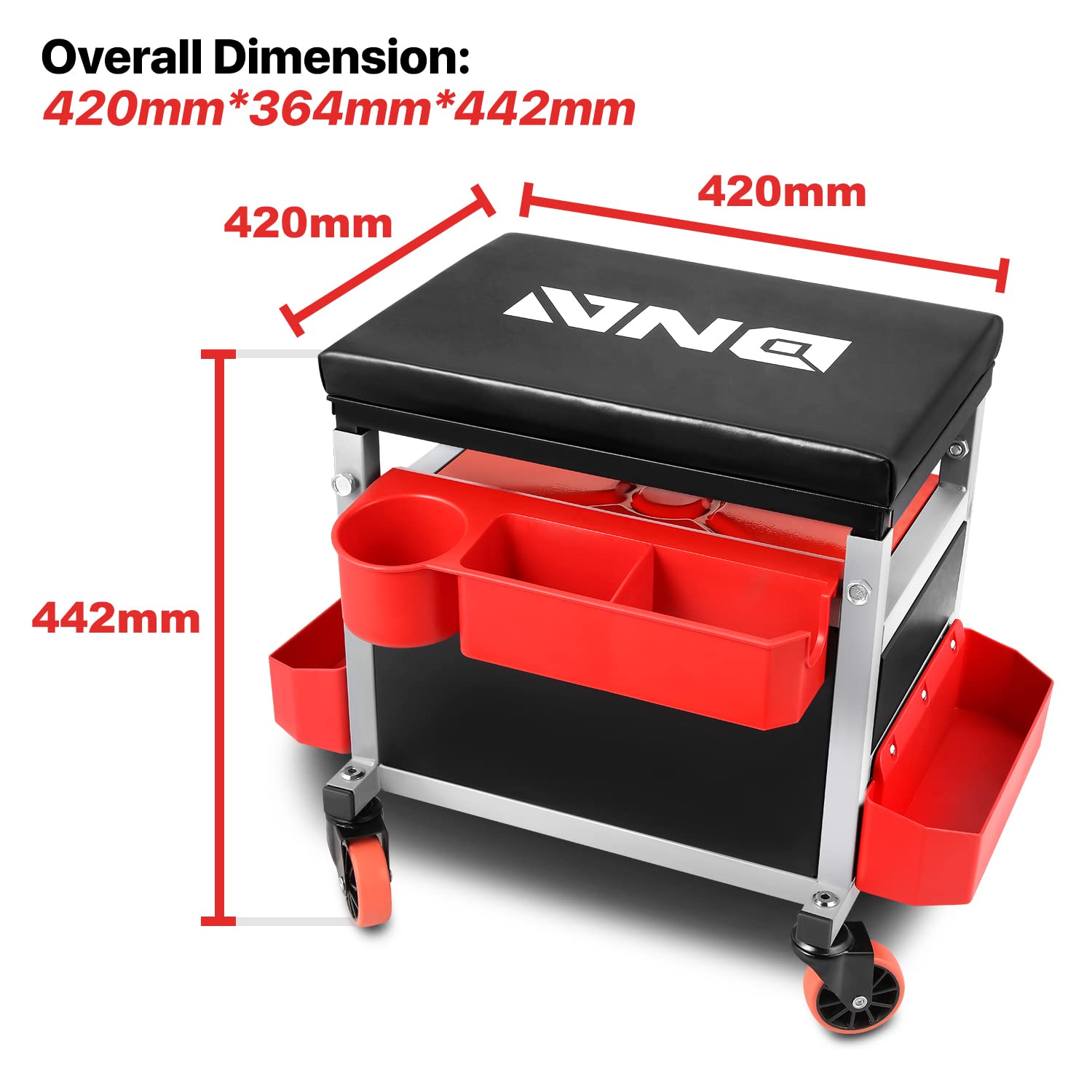Dna Motoring Tools-00198 Adjustable Height Mechanics Roller Seat Creeper Stool With Padded Cushion, Tool Storage Drawer & Tray,