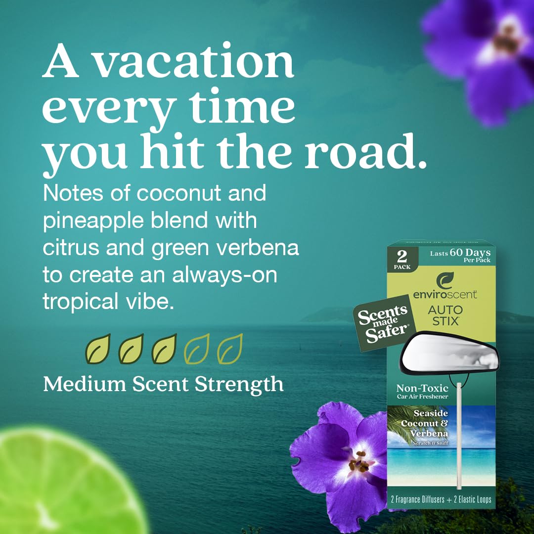 Enviroscent Non-Toxic Car Air Freshener (Seaside Coconut & Verbena) Natural Car Air Freshener | Essential Oil Diffuser | Car Sce