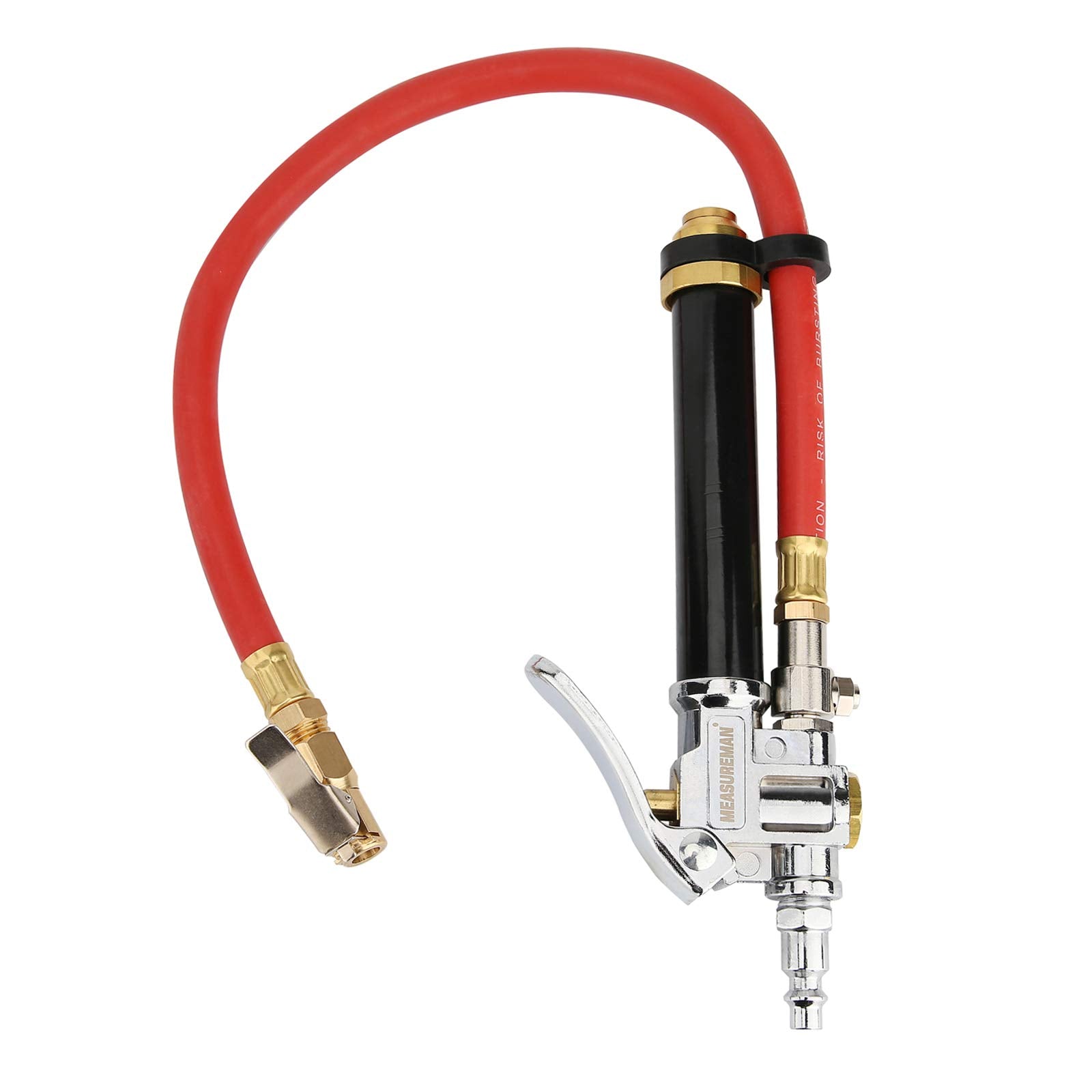 Measureman Heavy Duty Bayonet Style Tire Inflator, Aluminum Body, 20'' Red Hose, Clip On Air Chuck, Aluminum Slide, Range 10-130
