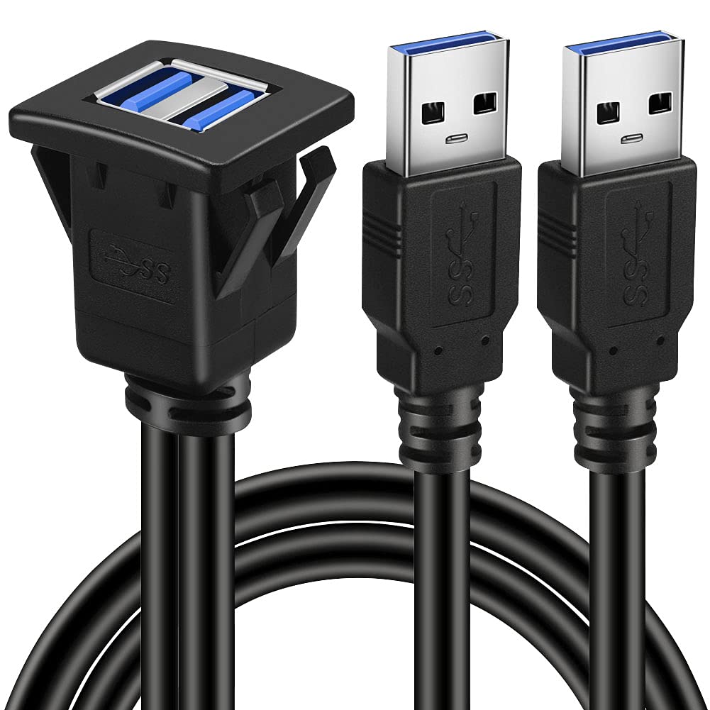 Batige Dual Ports Square Usb 3.0 Panel Flush Mount Extension Cable With Buckle For Car Truck Boat Motorcycle Dashboard-3Ft