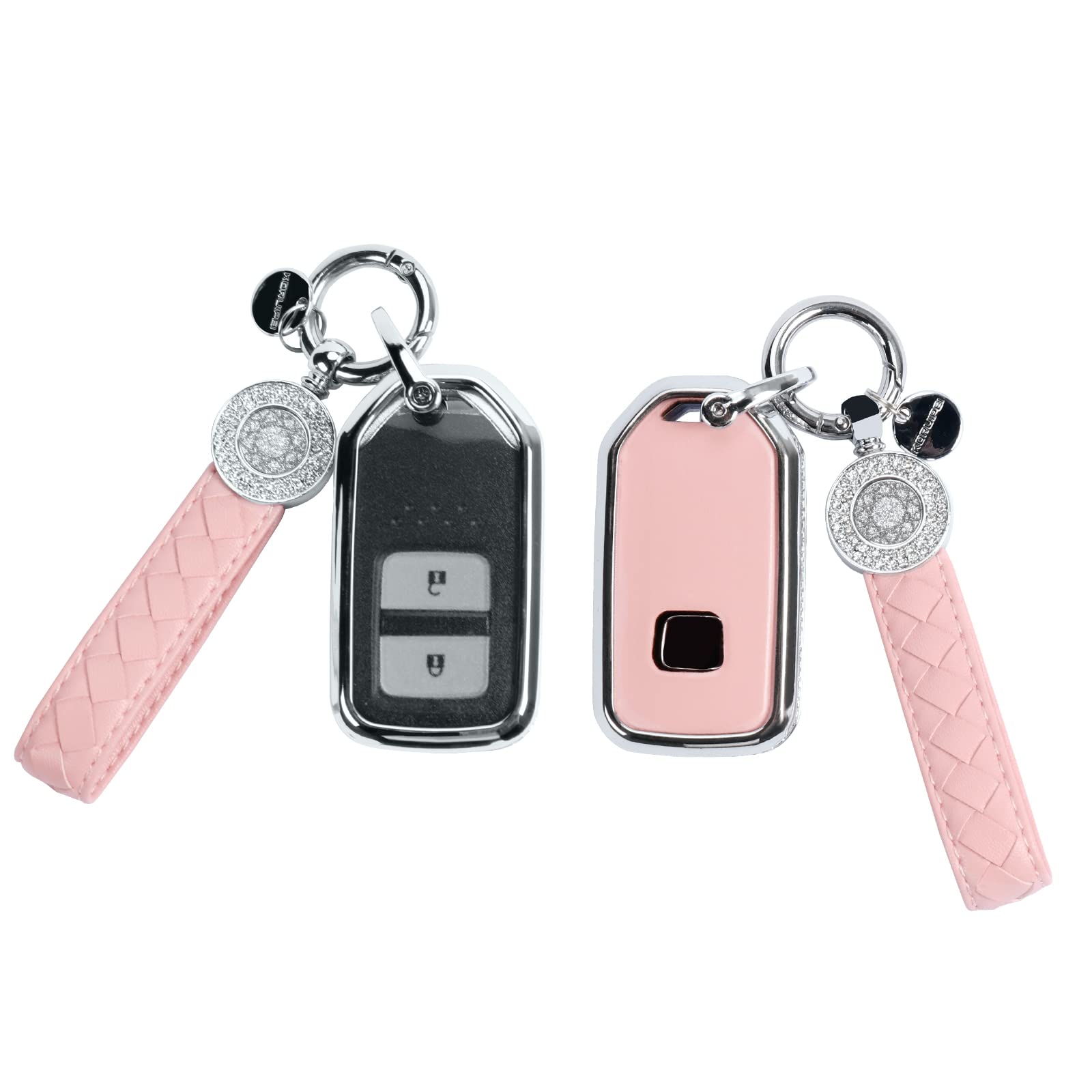 Ruabiban For Honda Key Fob Cover With Keychain, Pink Leather Crystal Key Case Protection Shell Compatible With Honda Accord Civi