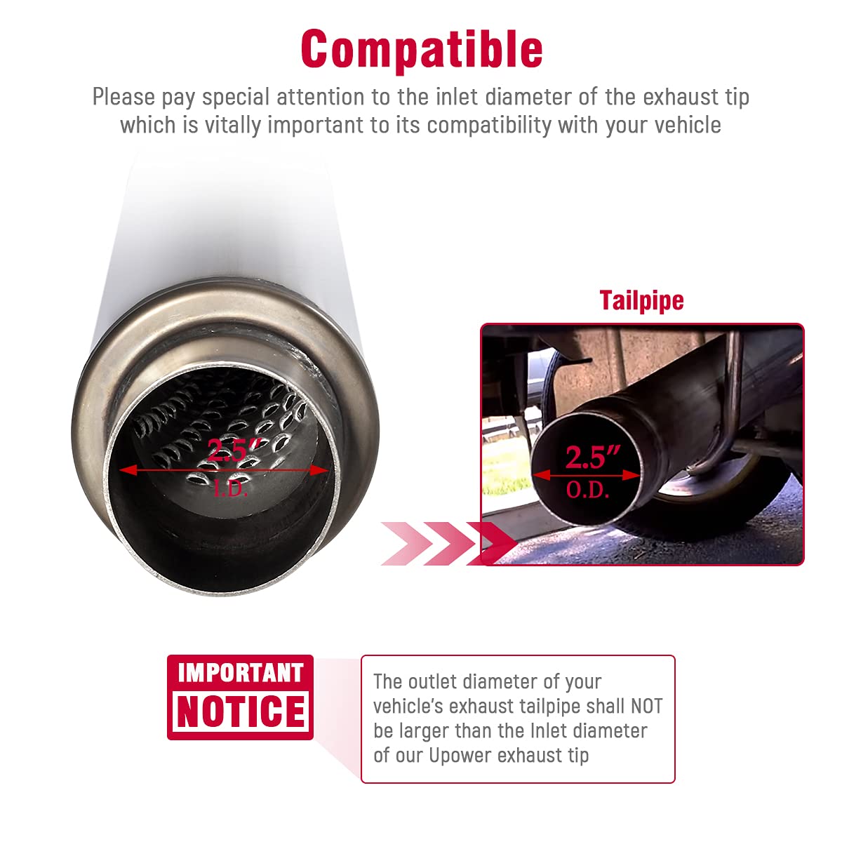 Upower 2.5" Inlet Stainless Steel Exhaust Muffler Resonator, 18" Body Length, Moderate Sound, Universal Fit