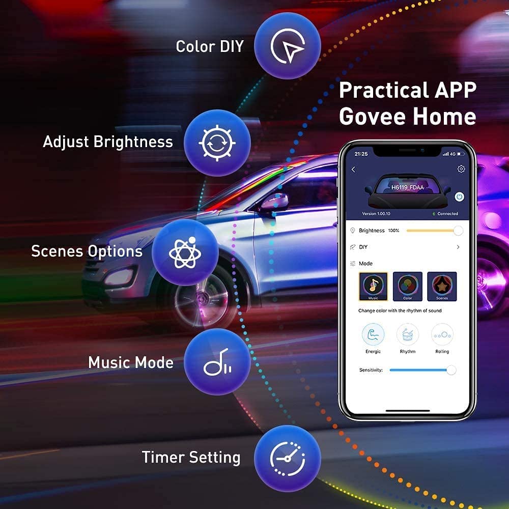 Govee RGBIC Interior Car Lights - Smart App Control, Music Sync, DIY Mode, Model H6119, LED for Cars, Trucks, SUVs