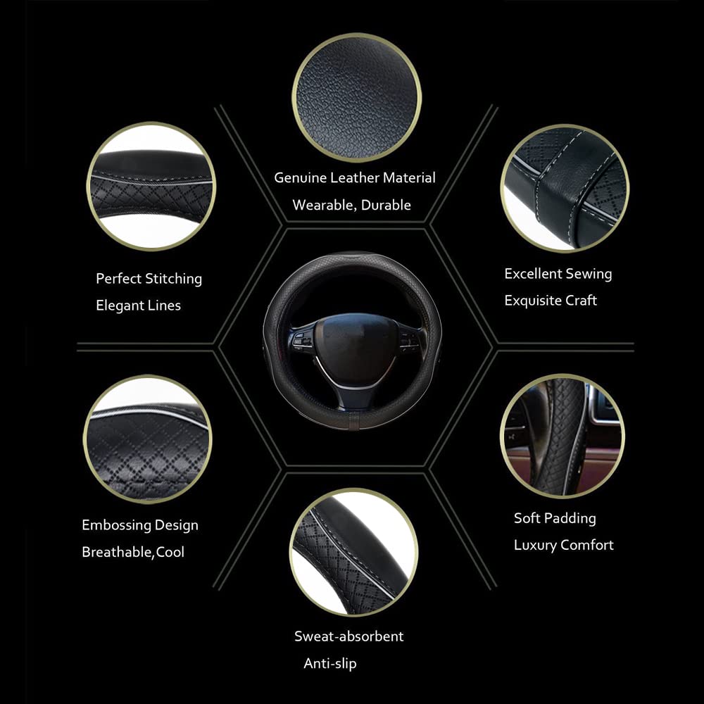 Gomass Car Steering Wheel Cover, Anti-Slip, Safety, Soft, Breathable, Heavy Duty, Thick, Full Surround, Sports Style (Black With Gray Line)