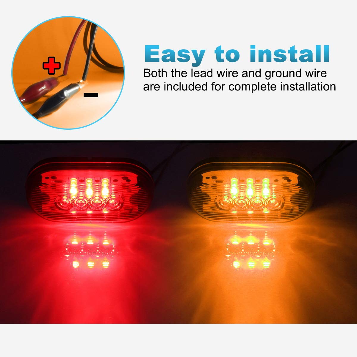 Partsam 2 Amber + 2 Red 12V 4'' X 2'' Oval Led Truck Side Marker Light Surface Mount 10 Diodes, Sealed Trailer Led Clearance And