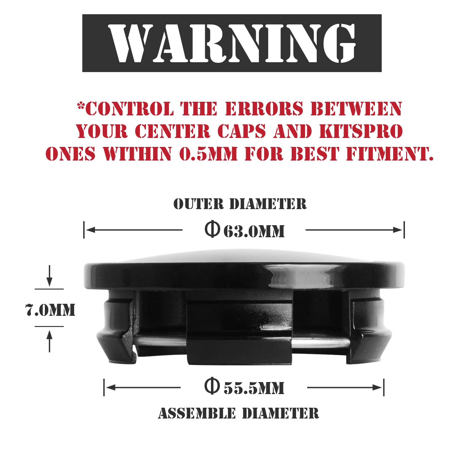 KitsPro Wheel Center Caps for Dodge RAM 1500, 63MM Gloss Black, Plastic, Model KP00049WCC-1, Pack of 4