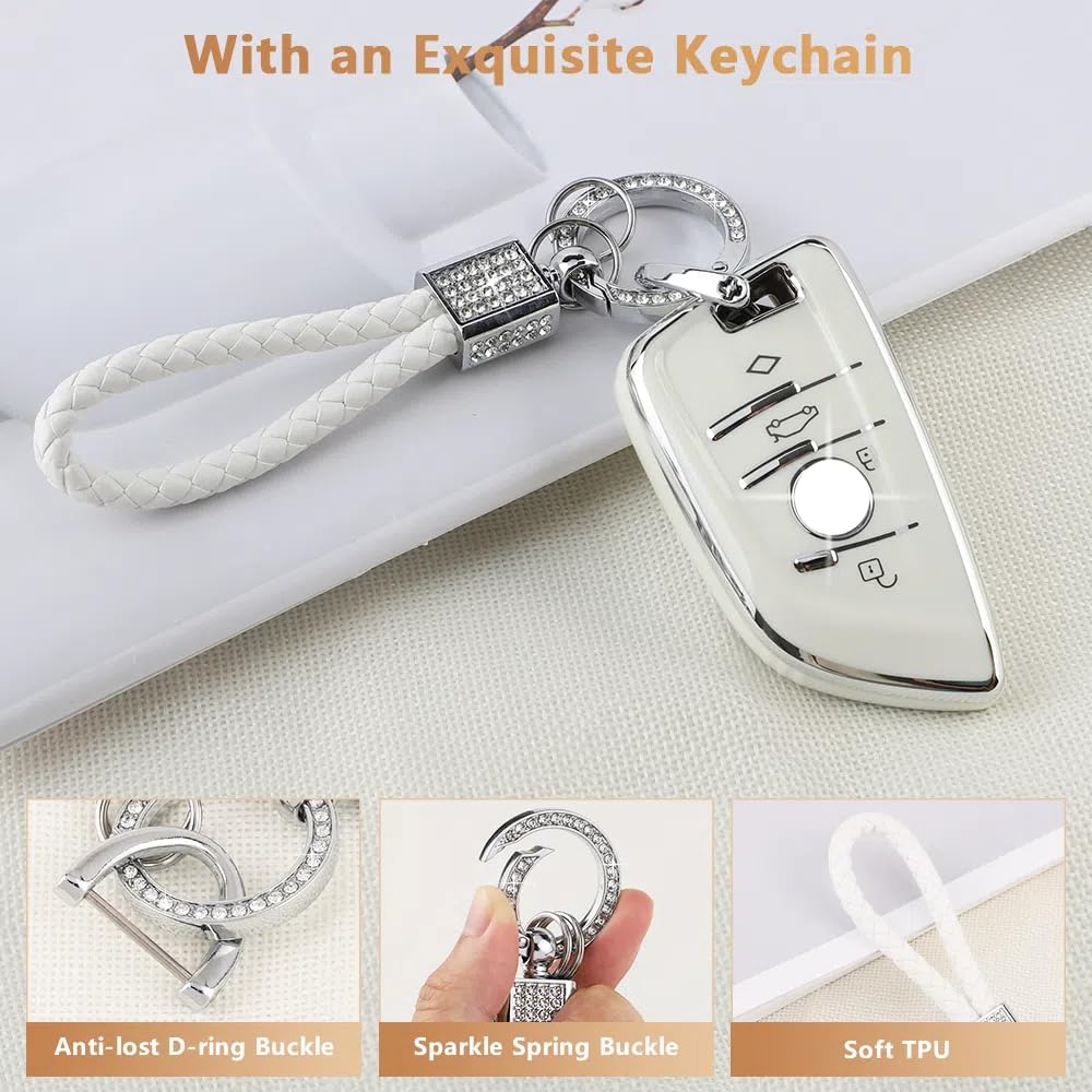 PIFOOG Key Fob Cover for BMW, Premium TPU, 4 Buttons, White and Silver, Model TPU05, Fits BMW X1-X7, M Series Accessories