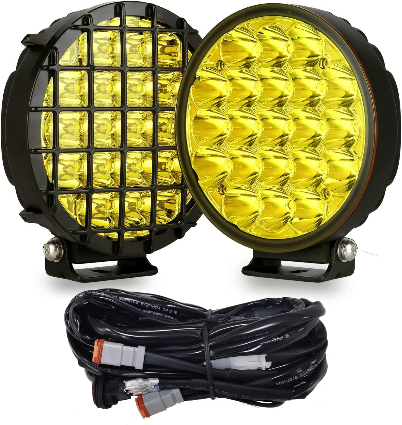 Biglionx 6Inch 2Pcs Amber Round Led Offroad Lights Amber Offroad Driving Fog Lights With Wiring Harness 210W 32000Lm Waterproof Ip68 Ip69K 12V 24V For Pickup Trucks Atv Utv Suv