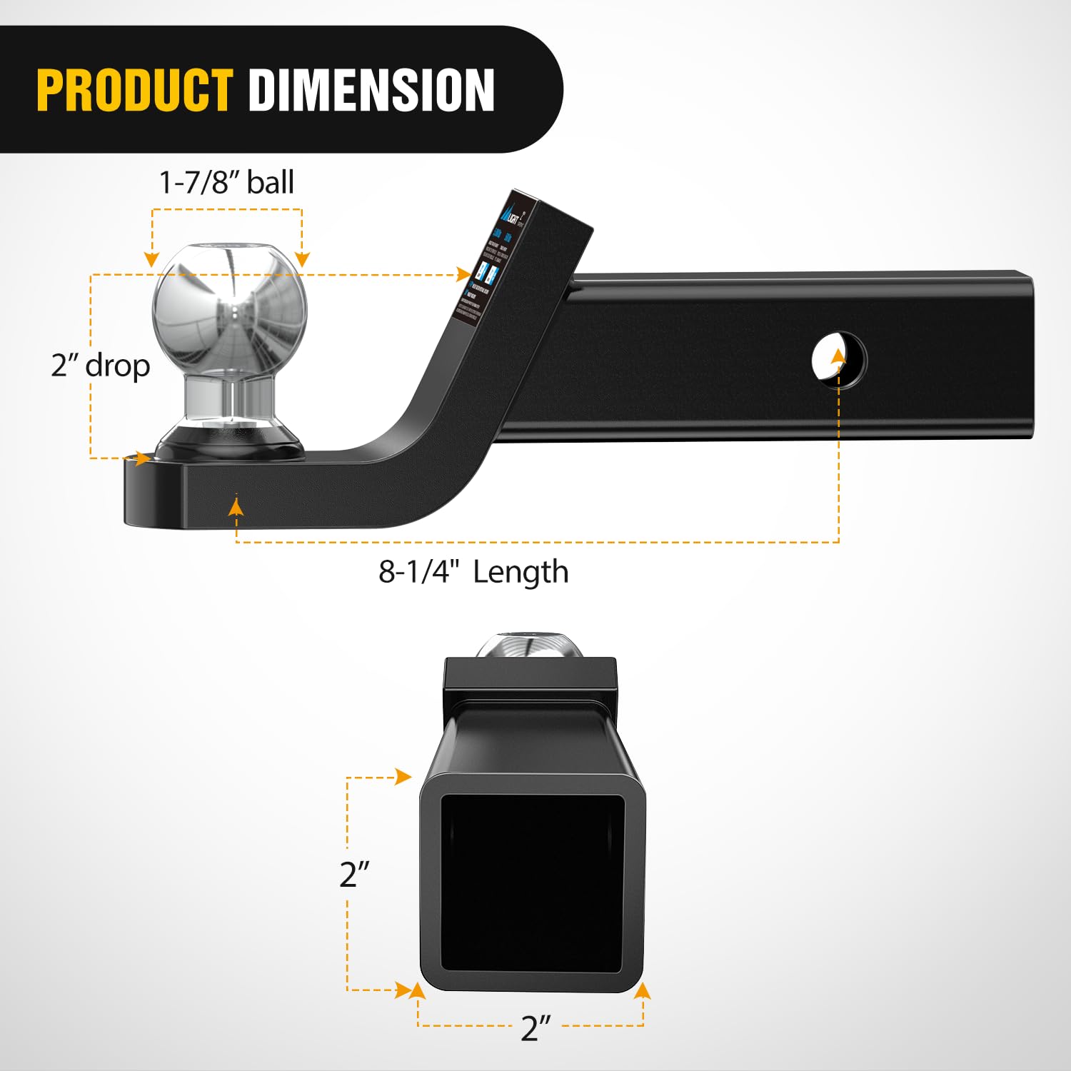 Nilight Fusion Trailer Hitch Mount With 1-7/8 Inch Trailer Ball & 5/8'' Hitch Pin Clip, Fits 2-Inch Receiver 5000 Lbs 2'' Drop