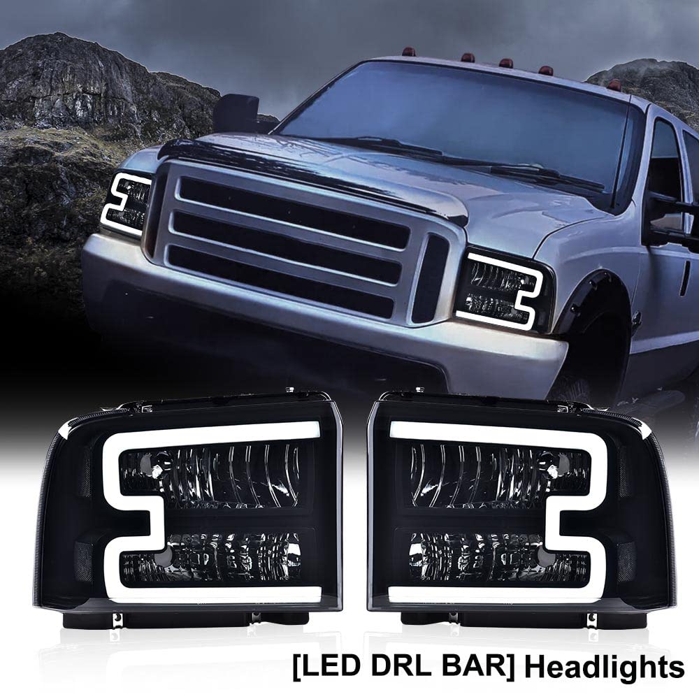 PIT66 LED DRL Headlight for Ford F250 F350 F450 F550 2005-2007, Smoky Lens, Polycarbonate, Harness Style
