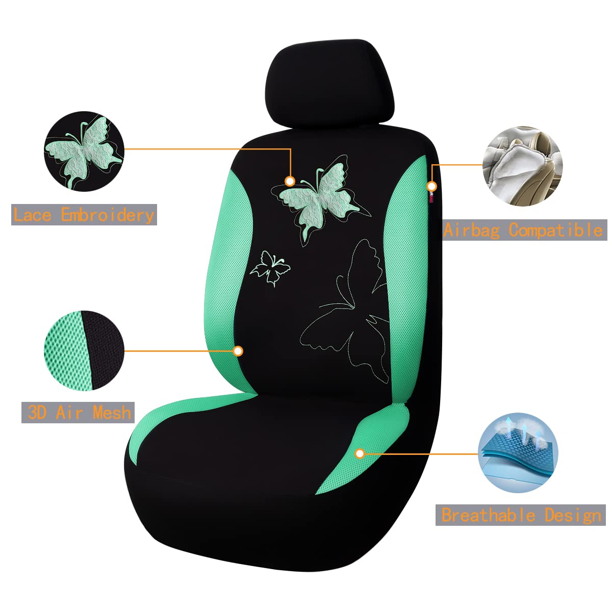 Flying Banner Car Seat Covers Full Set - Mint Green Lace, Model FB-077, Universal Fit for Women