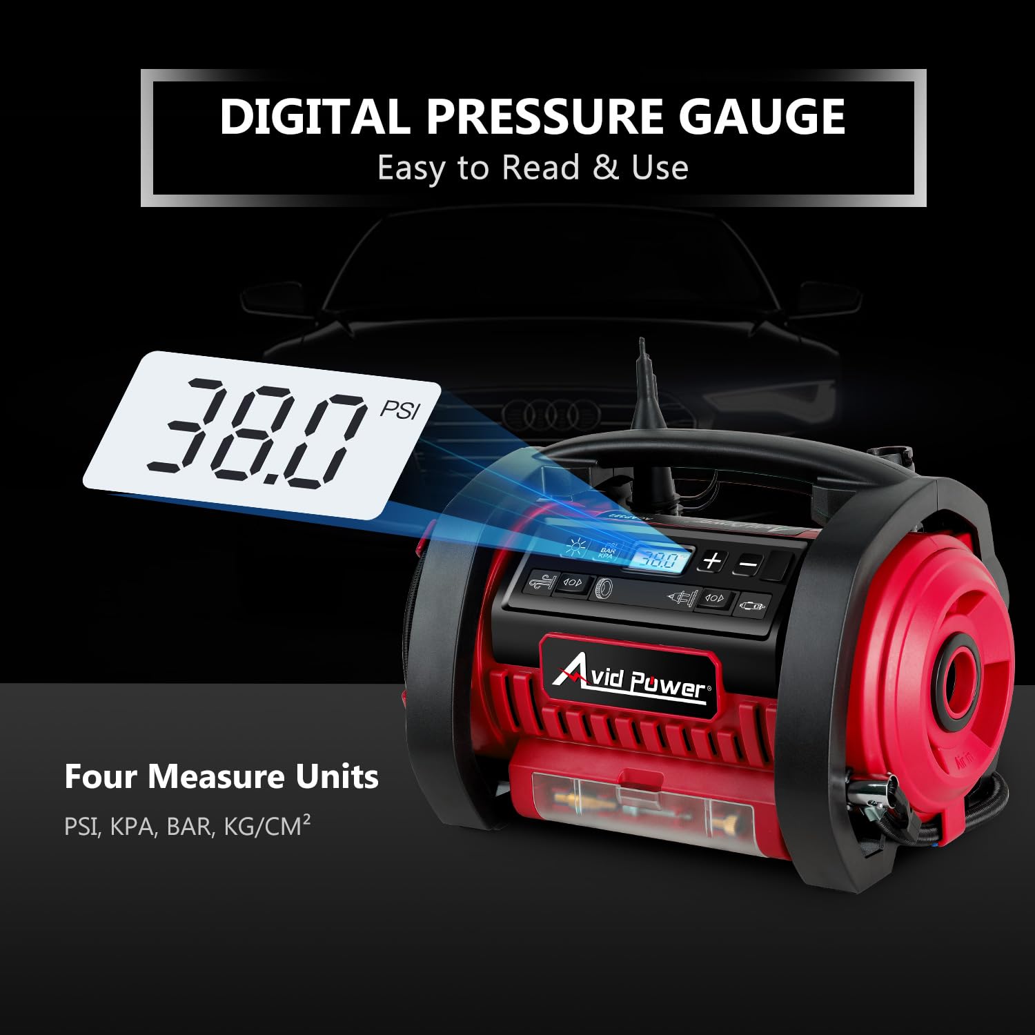 AVID POWER Portable Tire Inflator, 12V DC / 120V AC, Dual Motors, Digital Gauge, Model ACAP322, Red