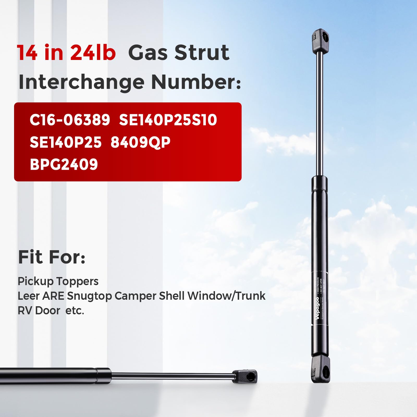 Vepagoo Gas Shocks Struts Lift Support Set of 2 for Leer Camper Shell, 14in 24lb, Model C16-06389