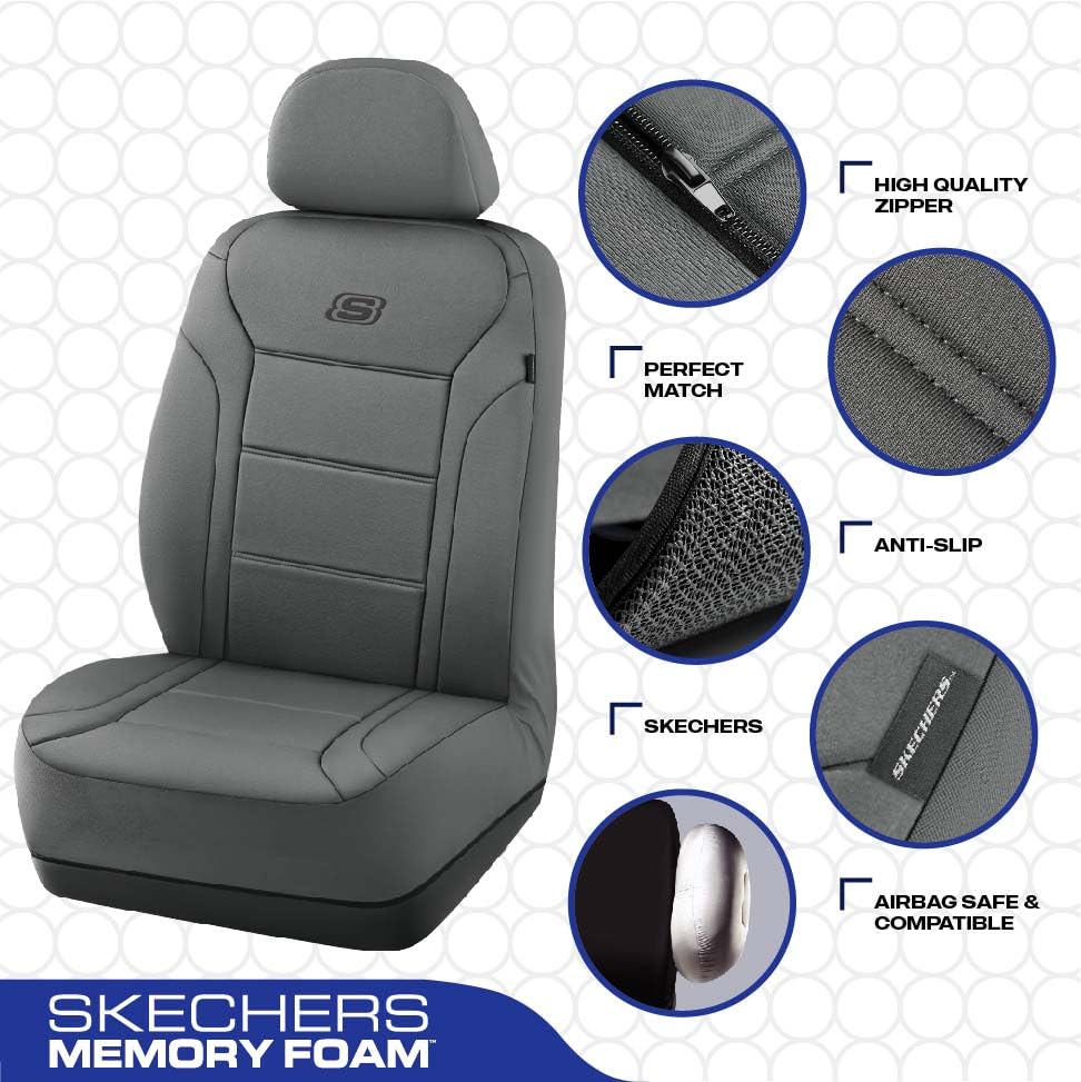 Skechers Memory Foam Car Seat Covers, Grey Lycra Fabric, Airbag Compatible, Two Front Seats, Model SK01036GREY