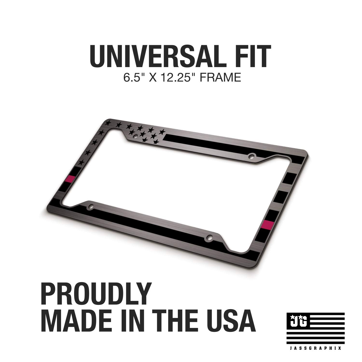 American Flag License Plate Frame - Thin Pink Line- Car Tag Frame -Pink On Brushed Breast Cancer Awareness