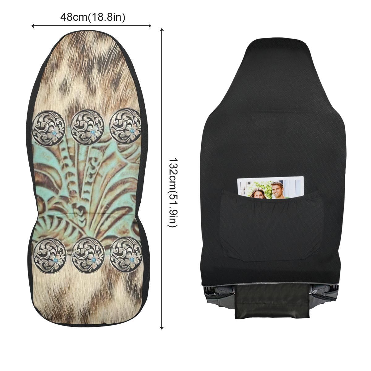 LONSANT Western Car Seat Covers Set of 2, Teal & Rustic Brown, Polyester, 18.8"x51.9", Universal Fit for Cars & Trucks