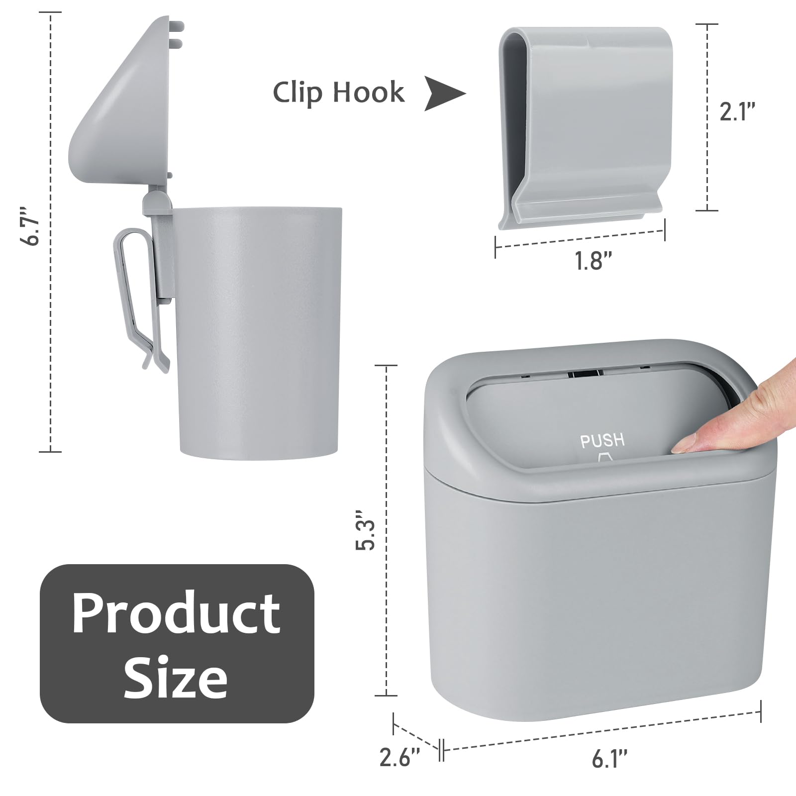 Accmor Portable Car Trash Can - Mini Grey Plastic Bin with Lid, Leakproof Design, Includes Trash Bag, Model AC4450-Grey