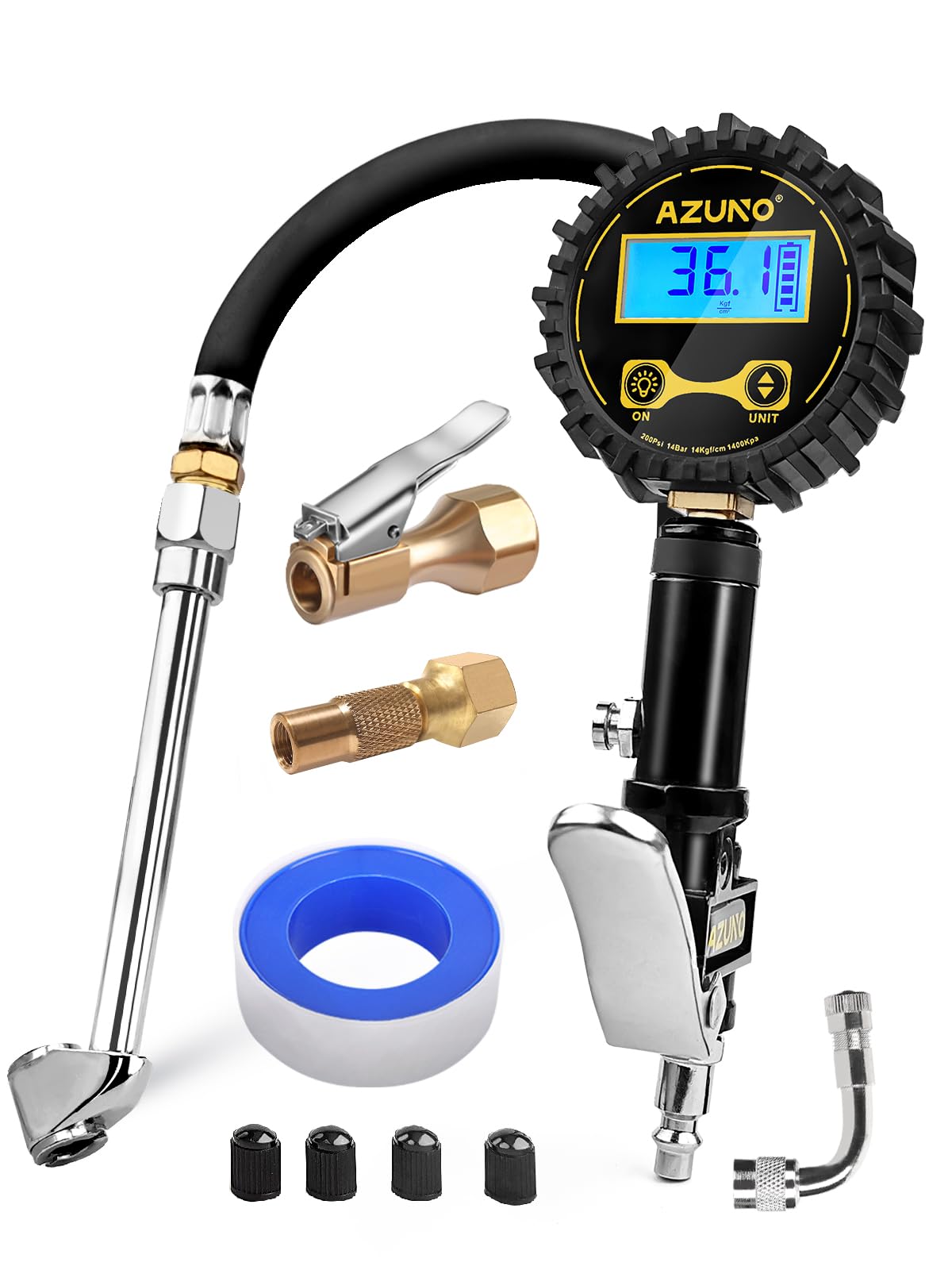 AZUNO Digital Tire Inflator with Pressure Gauge, 200 PSI, Aluminum, Model TG200PVB02, Heavy Duty with LED Flashlight and 7pcs Accessories